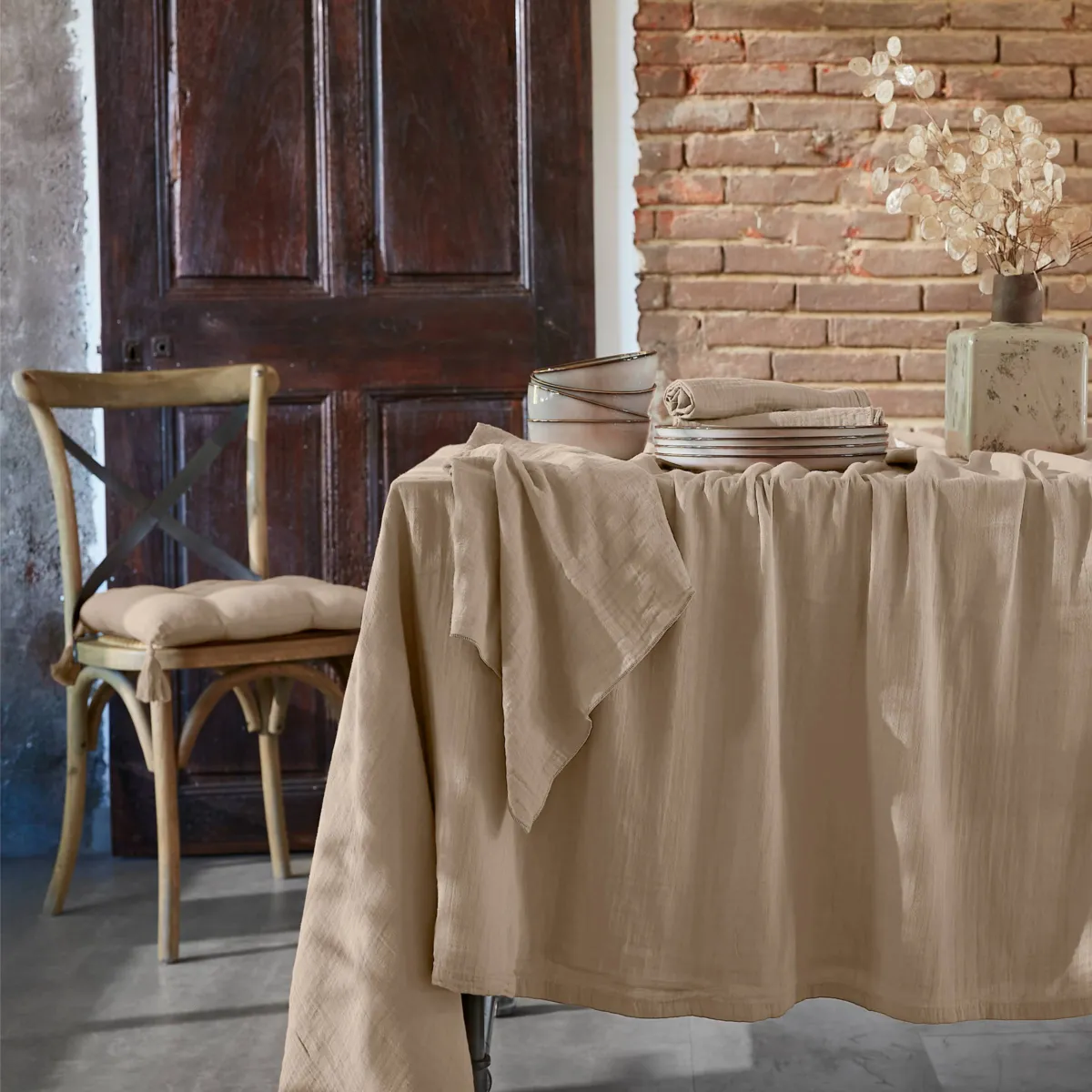 EM - Nappe rectangle 150 x 300 cm Gaze de coton unie GAìA Ficelle