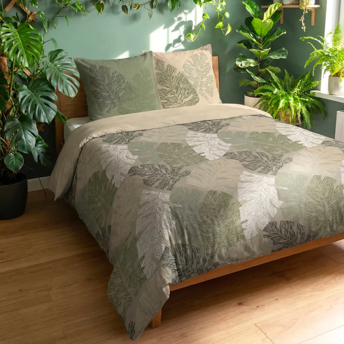 Copripiumino e due federe in cotone (240 x 220 cm) Monstera Verde cachi