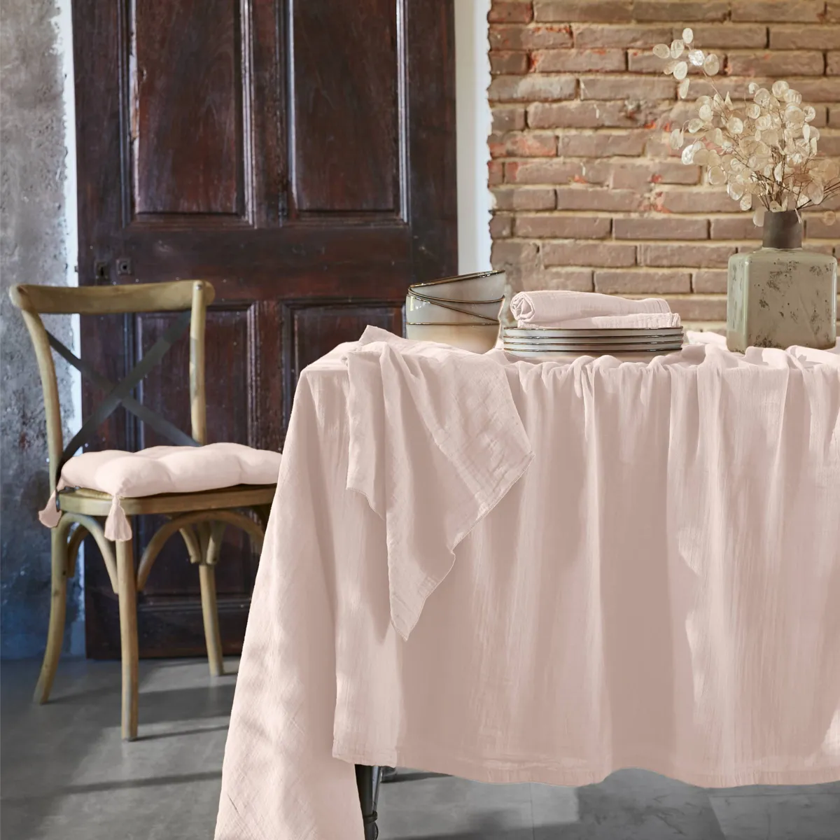 EM - Nappe rectangle 150 x 300 cm Gaze de coton unie GAìA Guimauve