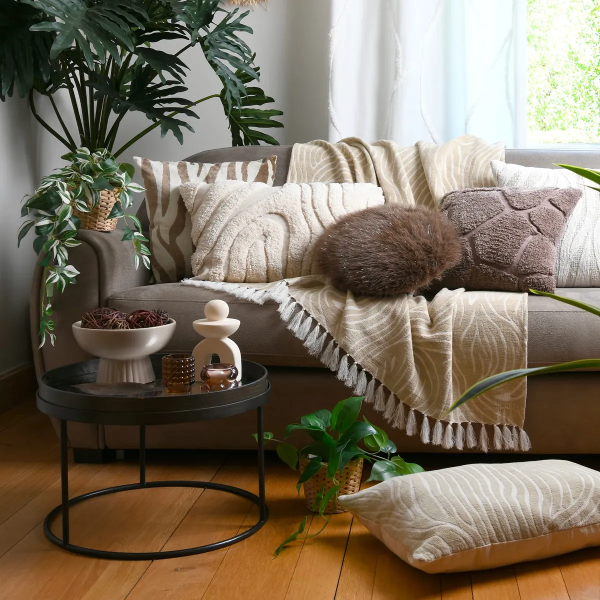 Plaid in cotone (125 x 150 cm) Felidae Ecru