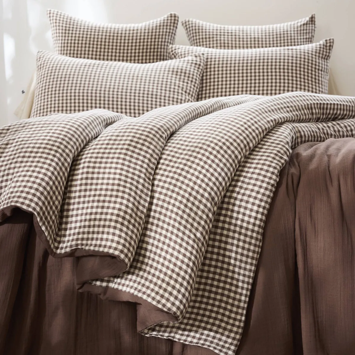 EM - Housse de couette réversible 240 x 220 cm Gaze de coton tissée teinte GAIA VICHY Brun