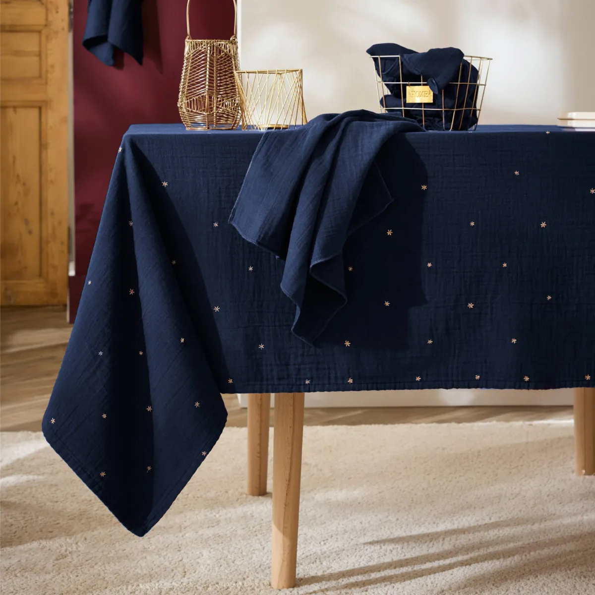 Tovaglia rettangolare garza di cotone (150 x 300 cm) Gaïa stelle Blu notte