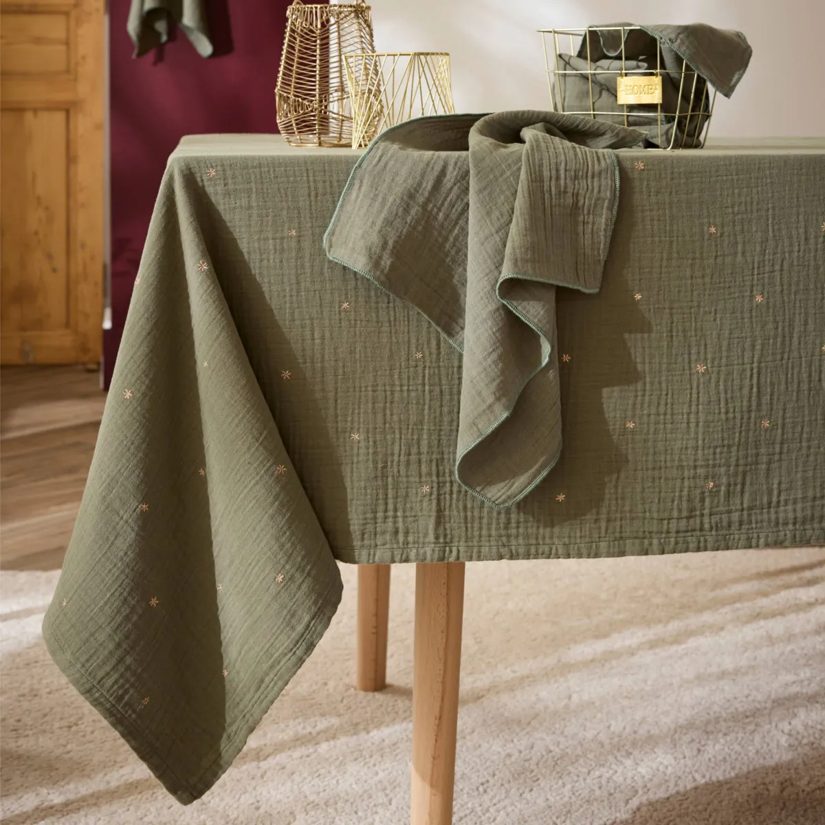 Tovaglia rettangolare garza di cotone (150 x 250 cm) Gaïa stelle Verde rosmarino