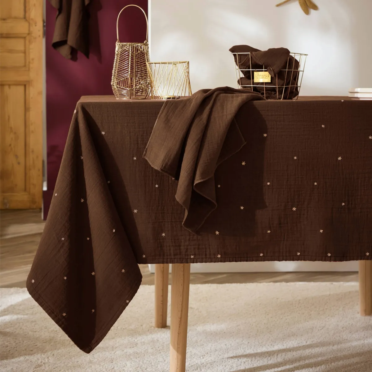 EM - Nappe rectangle 150 x 250 cm Gaze de coton brodée GAIA ETOILES Brun