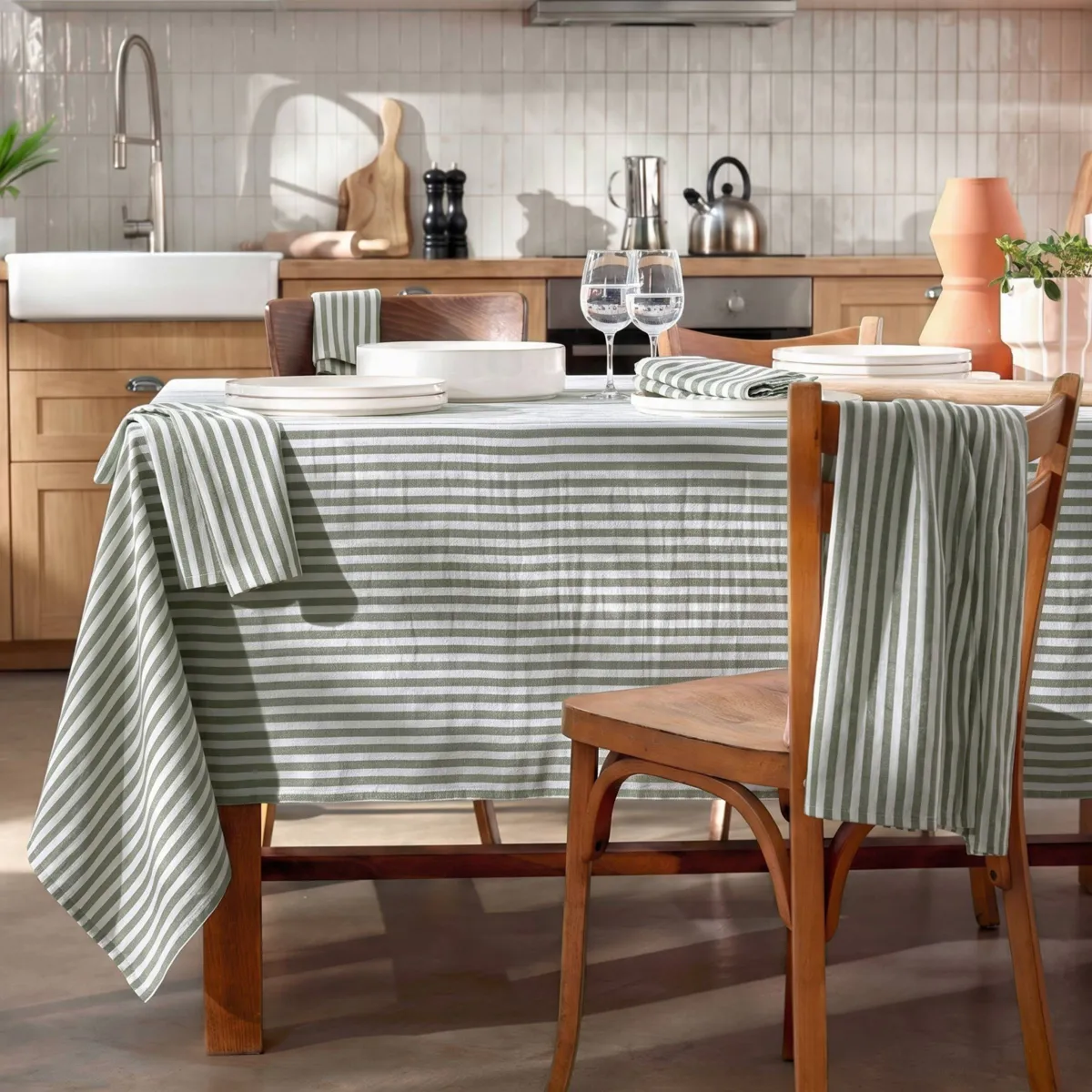 Tovaglia rettangolare garza di cotone (150 x 350 cm) Gaïa righe Verde rosmarino
