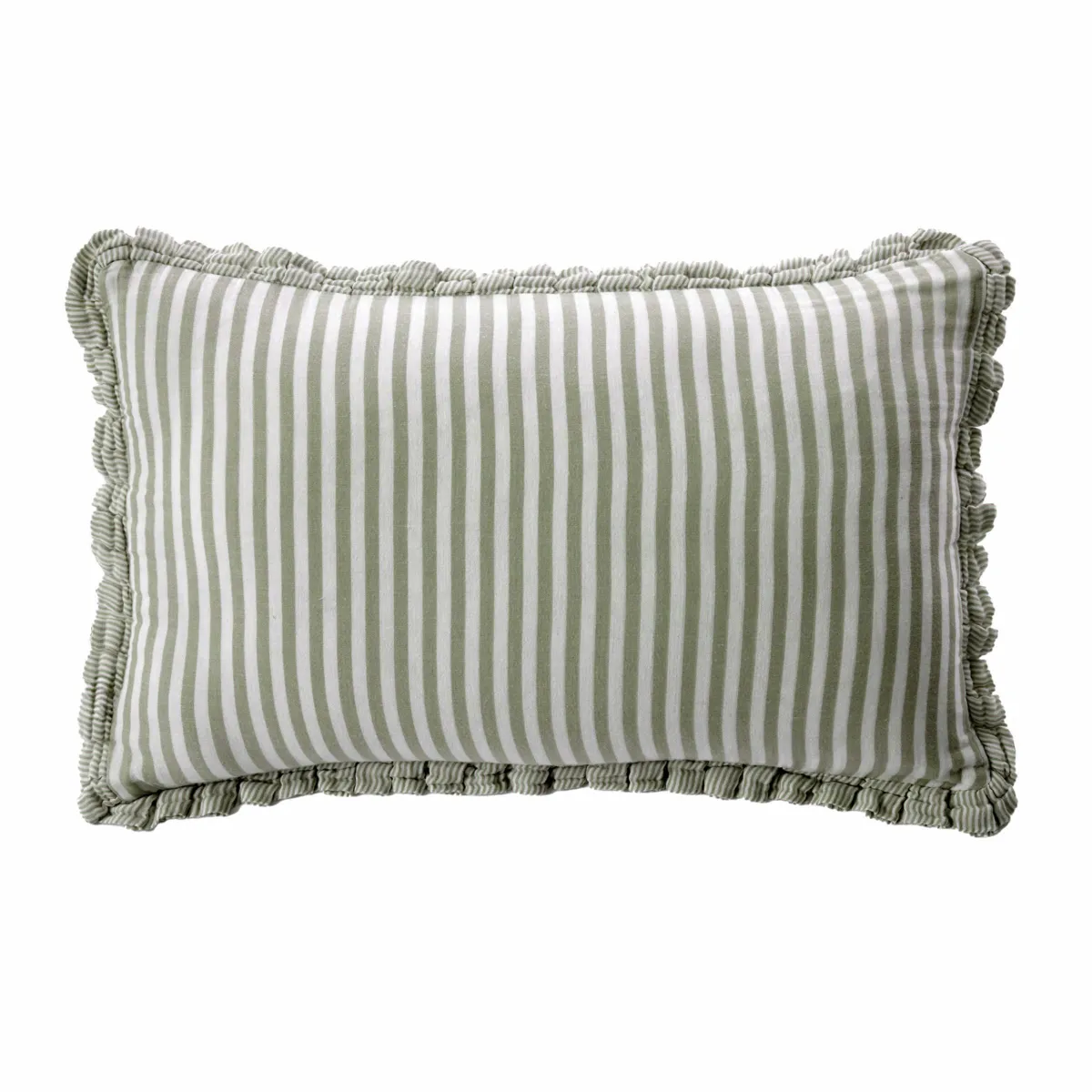 EM - Coussin déhoussable avec froufrous 40 x 60 cm Gaze de coton tissée teinte GAIA RAYURES Romarin