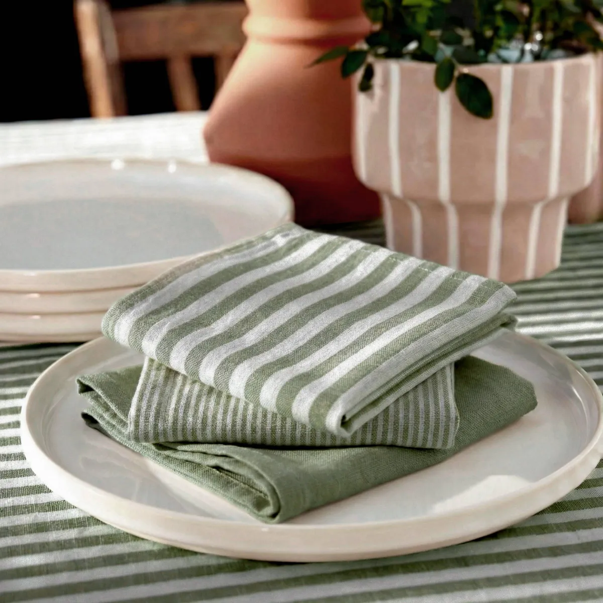 Set di 3 tovaglioli in garza di cotone (40 x 40 cm) Gaia righe Verde rosmarino