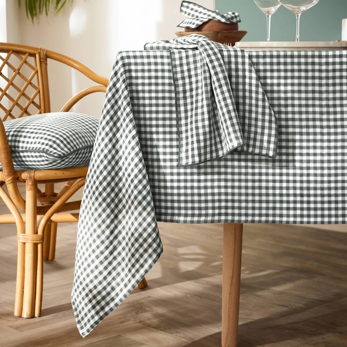 Tovaglia quadrata garza di cotone (180 x 180 cm) Gaïa vichy Verde rosmarino
