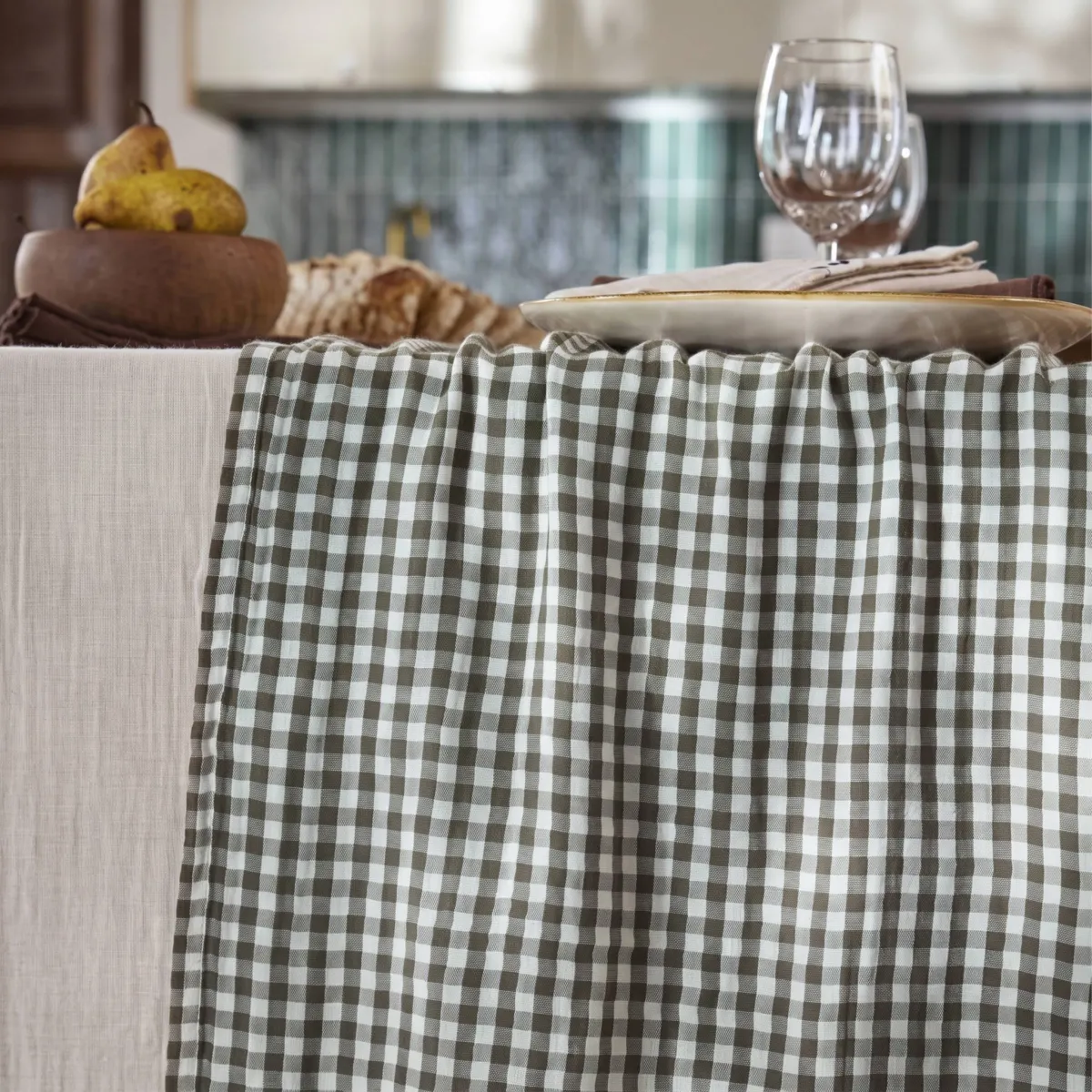 Runner da tavola garza di cotone (50 x 150 cm) Gaïa vichy Verde rosmarino