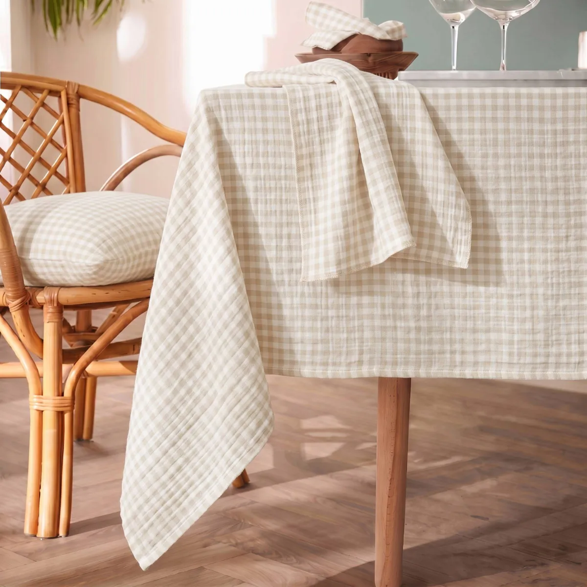 Nappe carrée gaze de coton (180 x 180 cm) Gaïa vichy Beige
