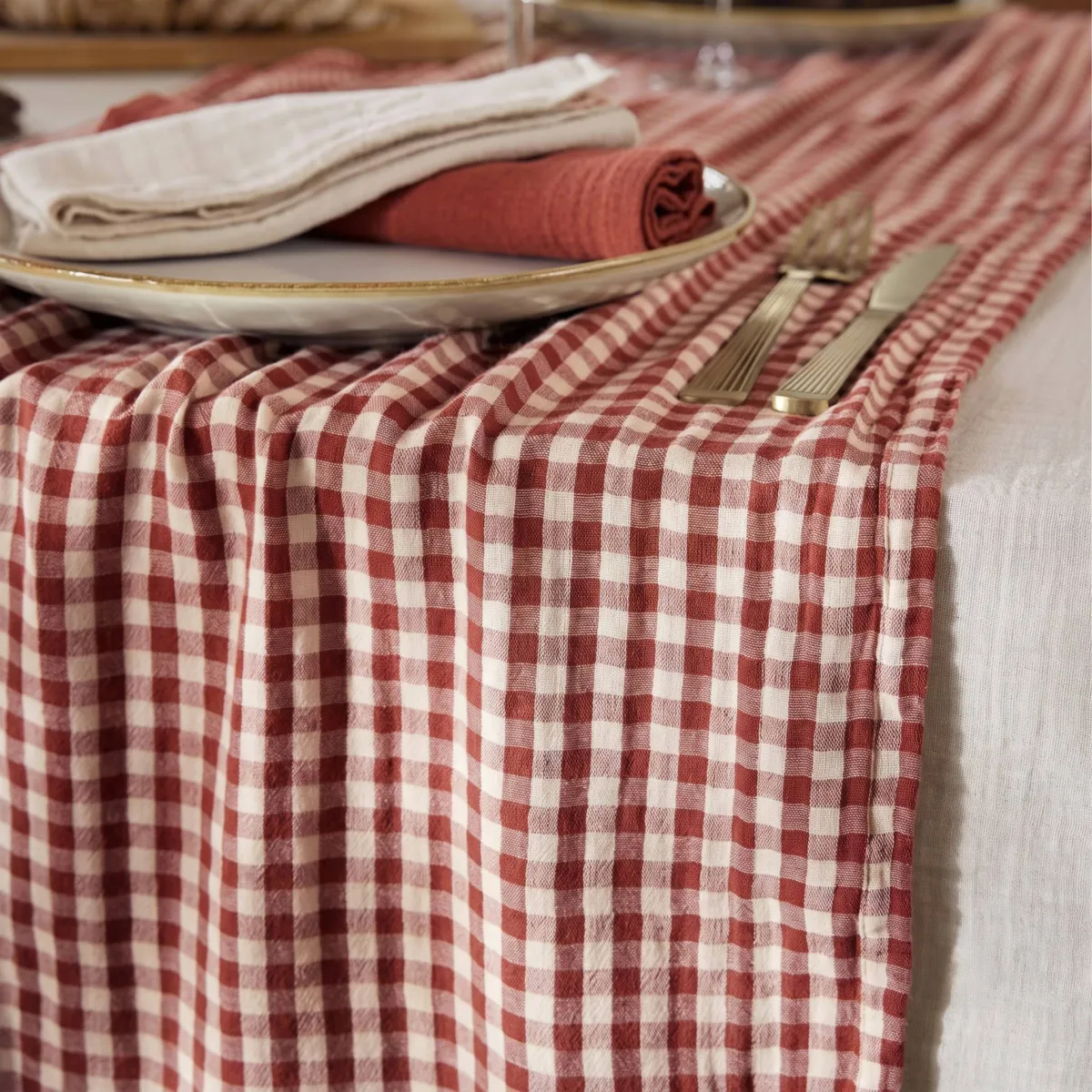 Runner da tavola garza di cotone (50 x 150 cm) Gaïa vichy Terracotta