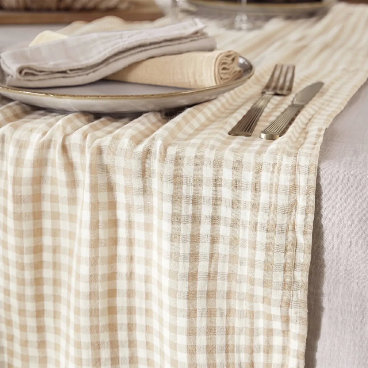 Runner da tavola garza di cotone (50 x 150 cm) Gaïa vichy Beige