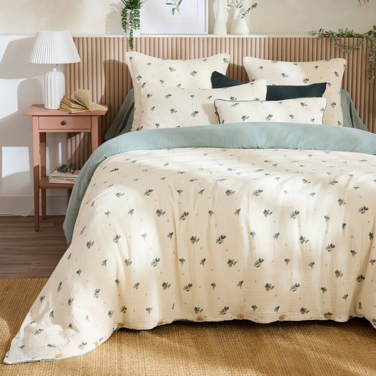 EM - Housse de couette réversible 240 x 220 cm Gaze de coton imprimée GAIA ASTREE Eucalyptus