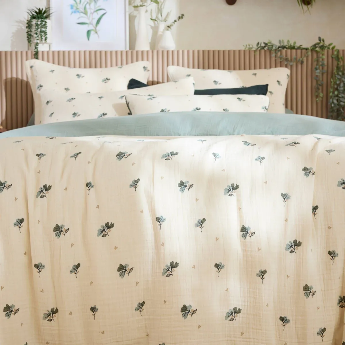 EM - Housse de couette réversible 240 x 220 cm Gaze de coton imprimée GAIA ASTREE Eucalyptus