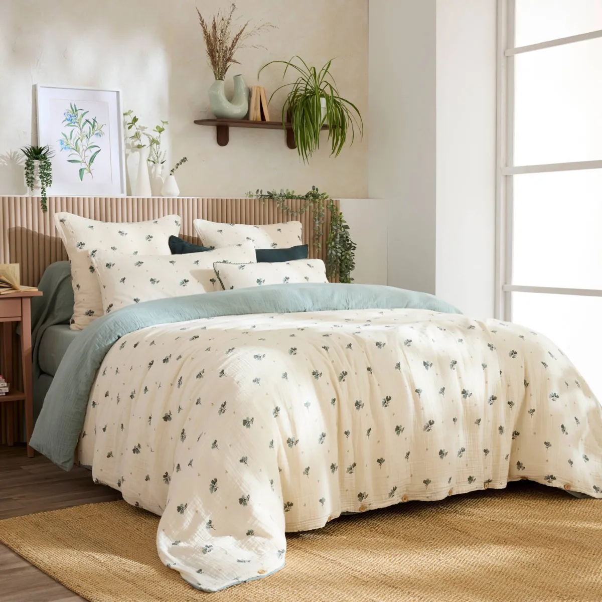EM - Housse de couette réversible 200 x 200 cm Gaze de coton imprimée GAIA ASTREE Eucalyptus