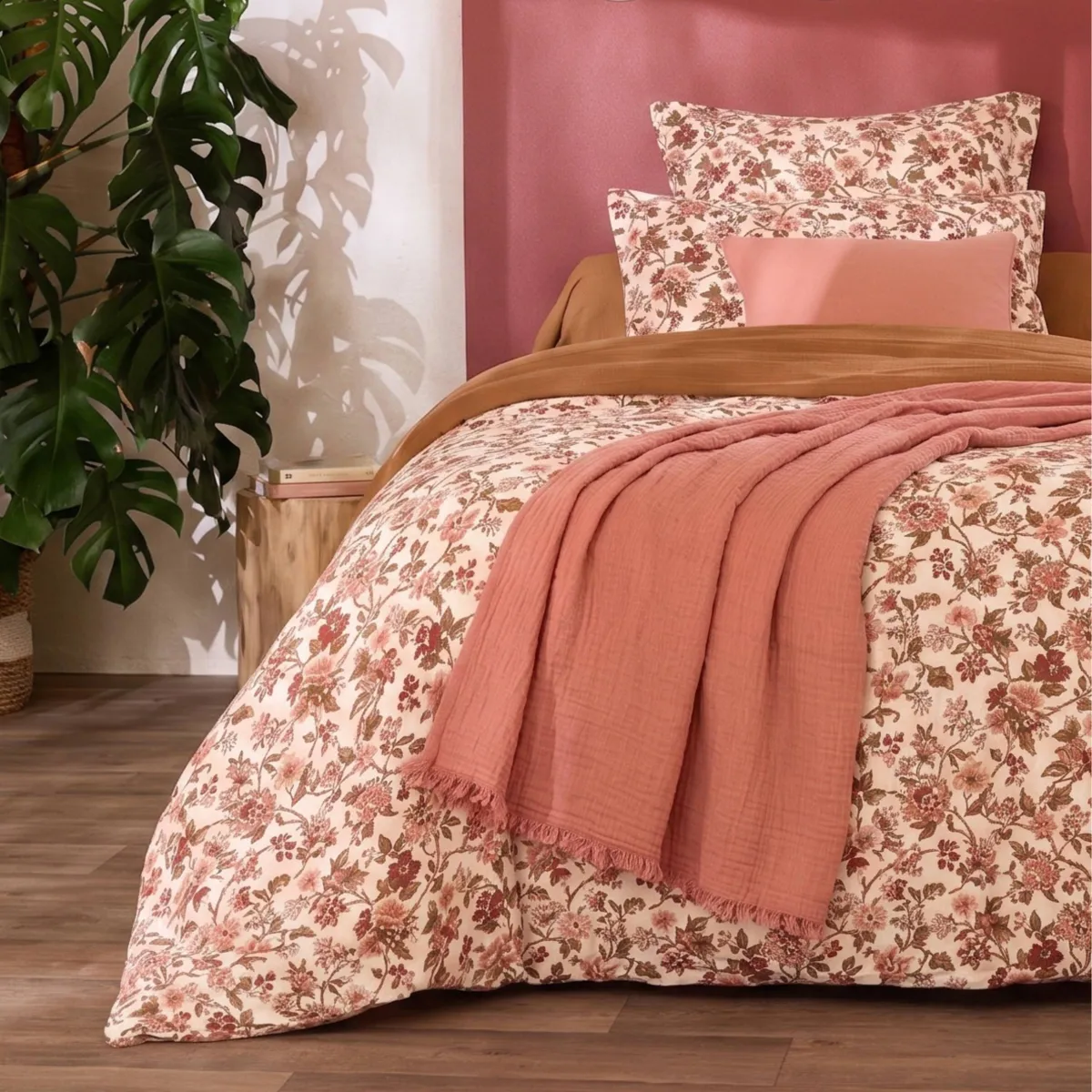 Copripiumino garza di cotone (140 x 200 cm) Gaïa dahlia Camel