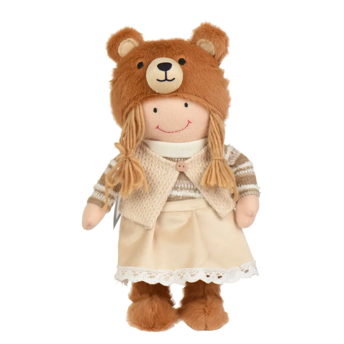 Bambola bambina in piedi (H32 cm) Yvette con berretto orso Beige