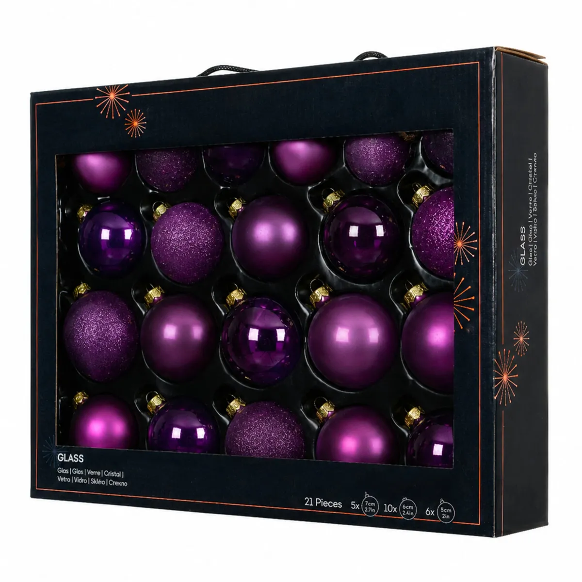 Lot de 21 boules de Noël en verre (D60 à 75 mm) Assorties Cristal Figue