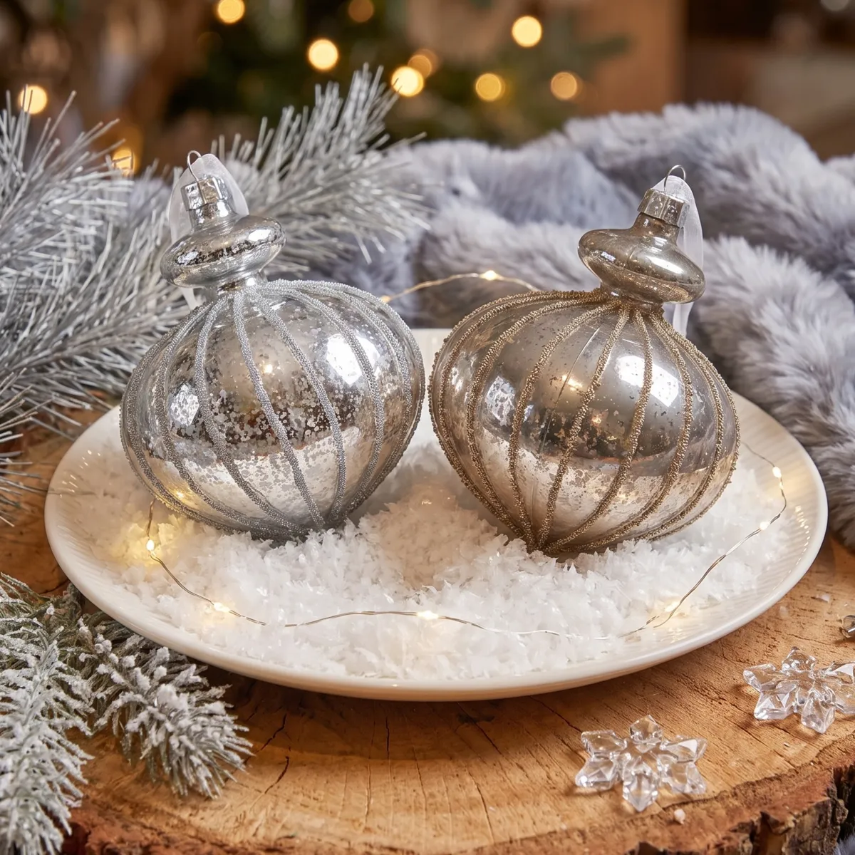 Lot de 12 boules de Noël (D80 mm) Opaline Argent et perle foncé