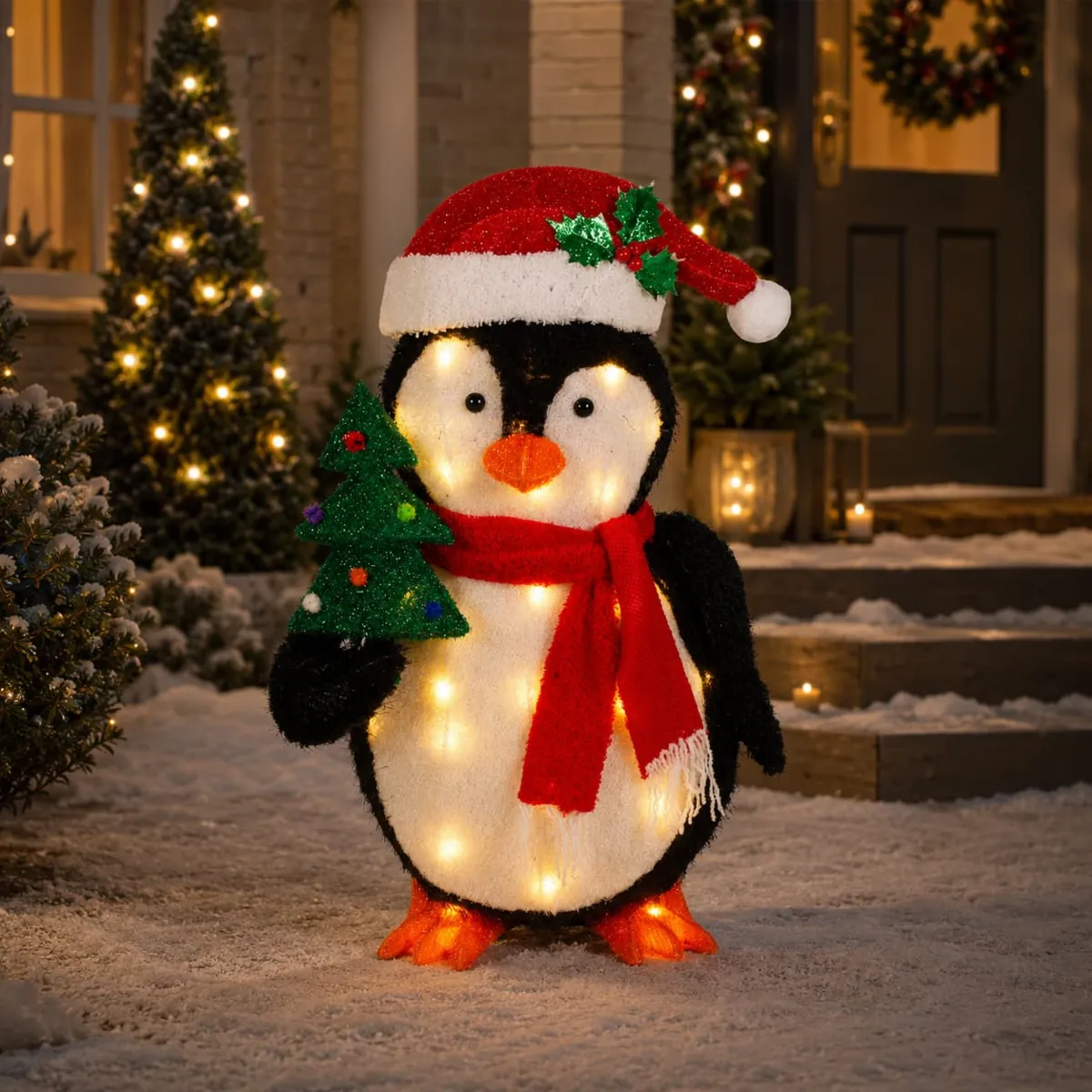 Pinguino luminoso a pile 30 LED (H62 cm) Polo e albero Bianco caldo