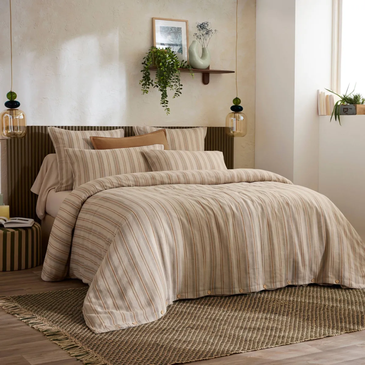Copripiumino in flanella di cotone (280 x 240 cm) Nina righe beige