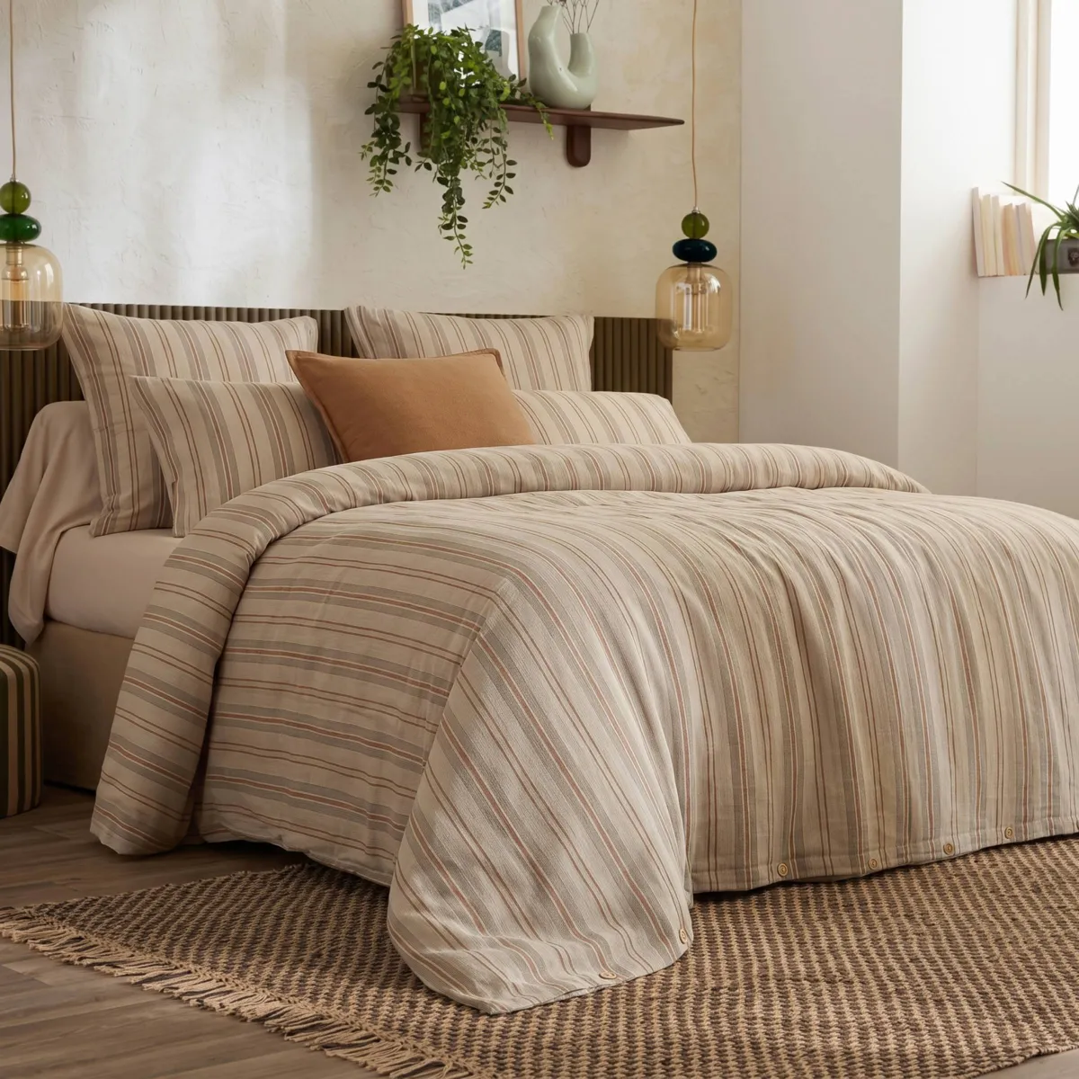 Copripiumino in flanella di cotone (200 x 200 cm) Nina righe Beige