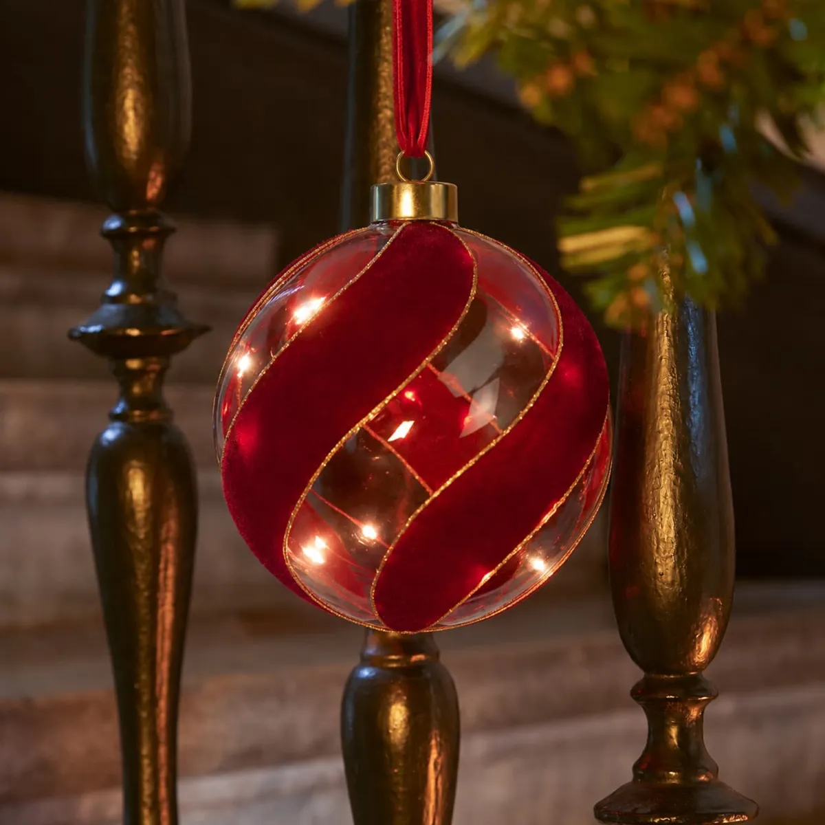 Sospensione luminosa a pile (D14 cm) Palla Venezia Rosso e bianco caldo