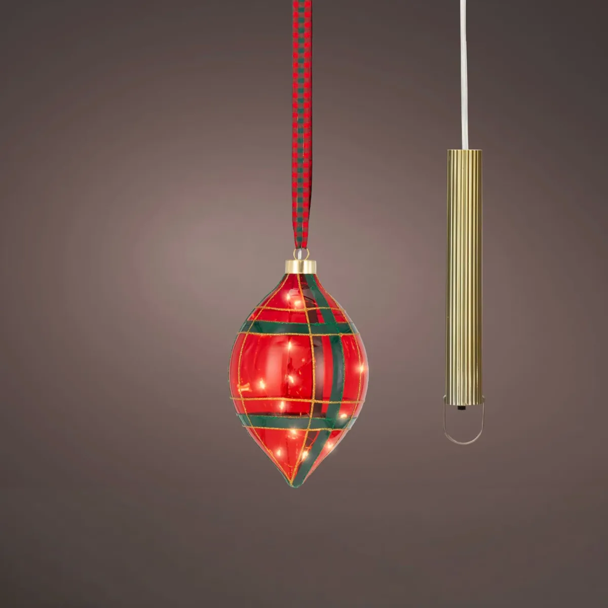 Sospensione luminosa a pile (D12,5 cm) Goccia Tartan Rosso