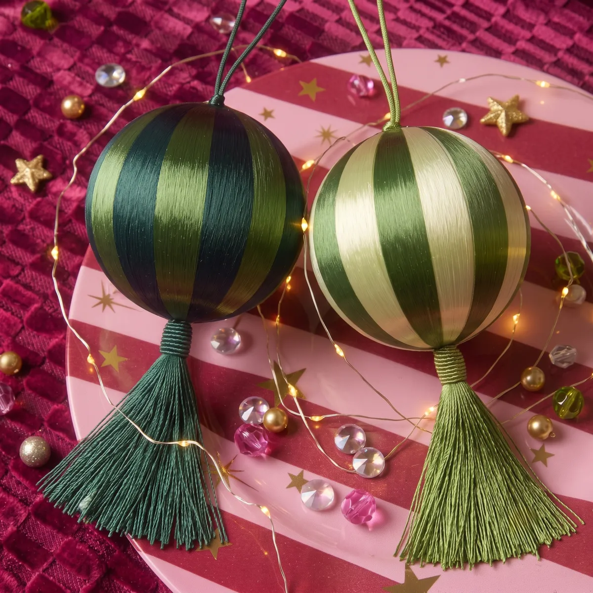 Set di 12 palline di natale (D100 mm) con frange e righe Smeraldo e pistacchio