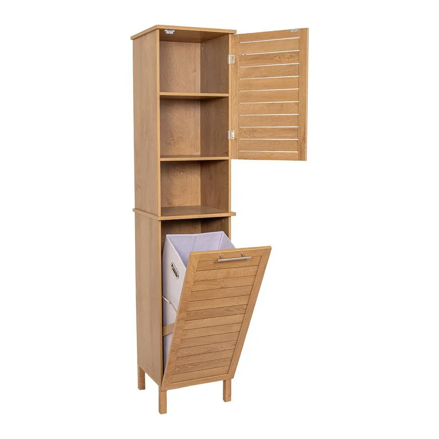 Mobile colonna bagno con cesto per biancheria integrato in legno (173 x 38 cm) Colonial Naturale