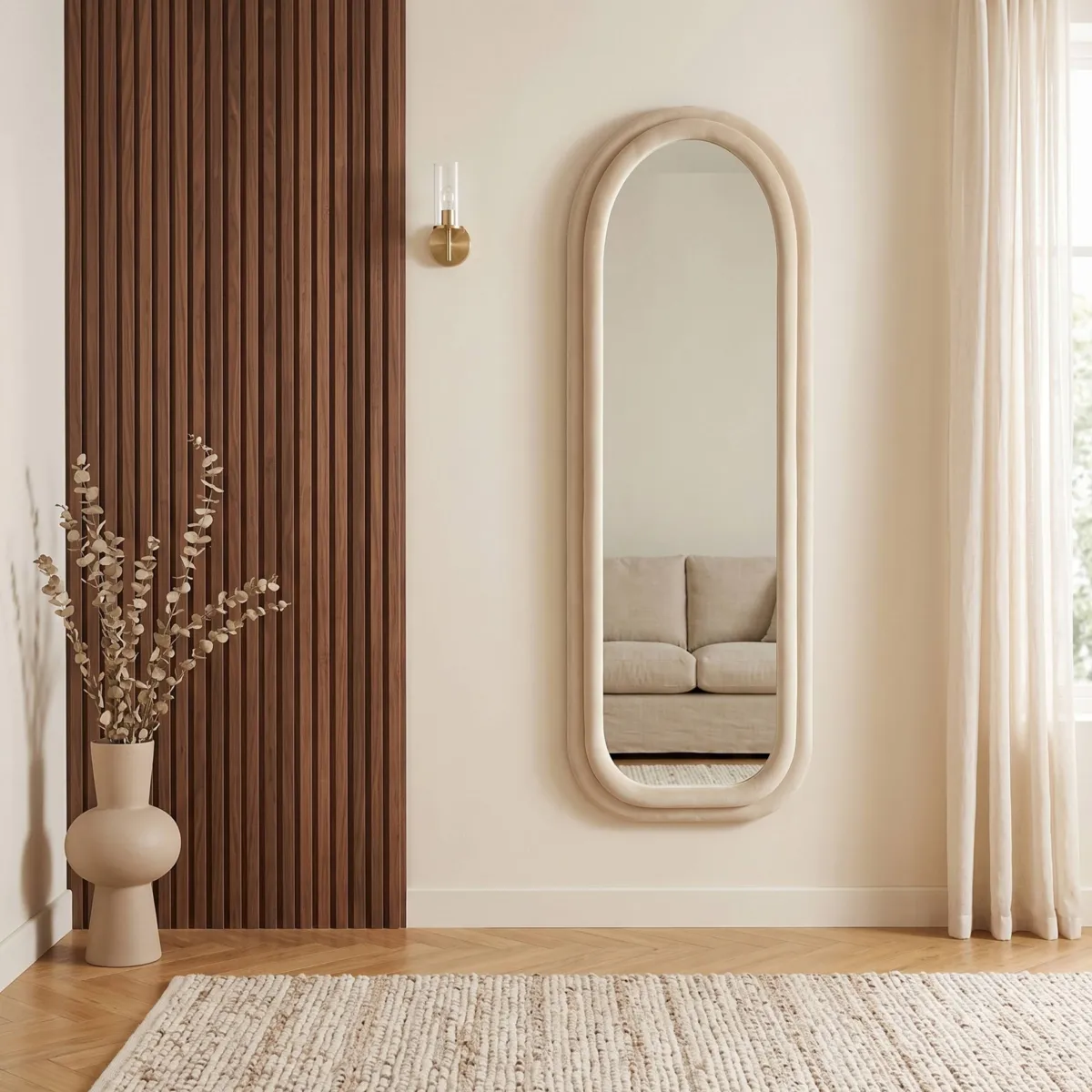 Specchio da parete rettangolare in velluto (60 x 160 cm) Altas Crema