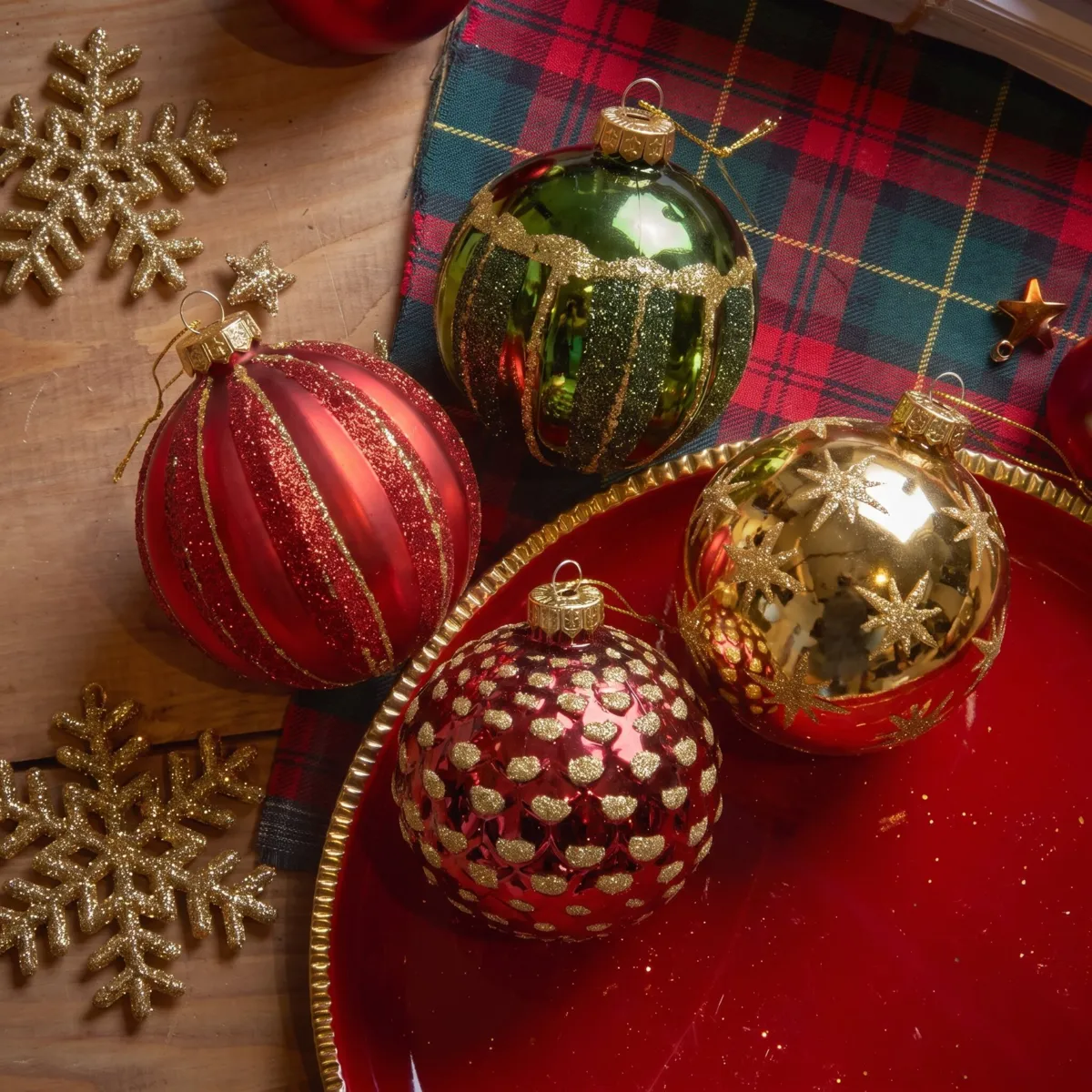 Set di 12 palline di natale in vetro (D80 mm) Majesty Verde, rosso e oro
