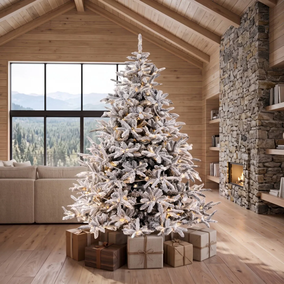 Albero di Natale artificiale luminoso 350 LED (H210 cm) Annapurna Verde innevato e bianco caldo