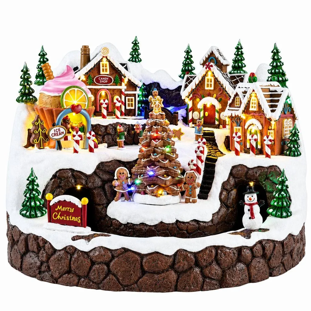 Villaggio di Natale luminoso animato e musicale (H30 cm) Marshmallow e Canna di zucchero