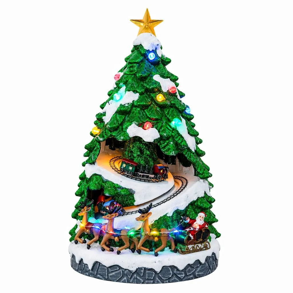Villaggio di Natale luminoso, animato e musicale a pile (H40 cm) Albero, slitta e trenino
