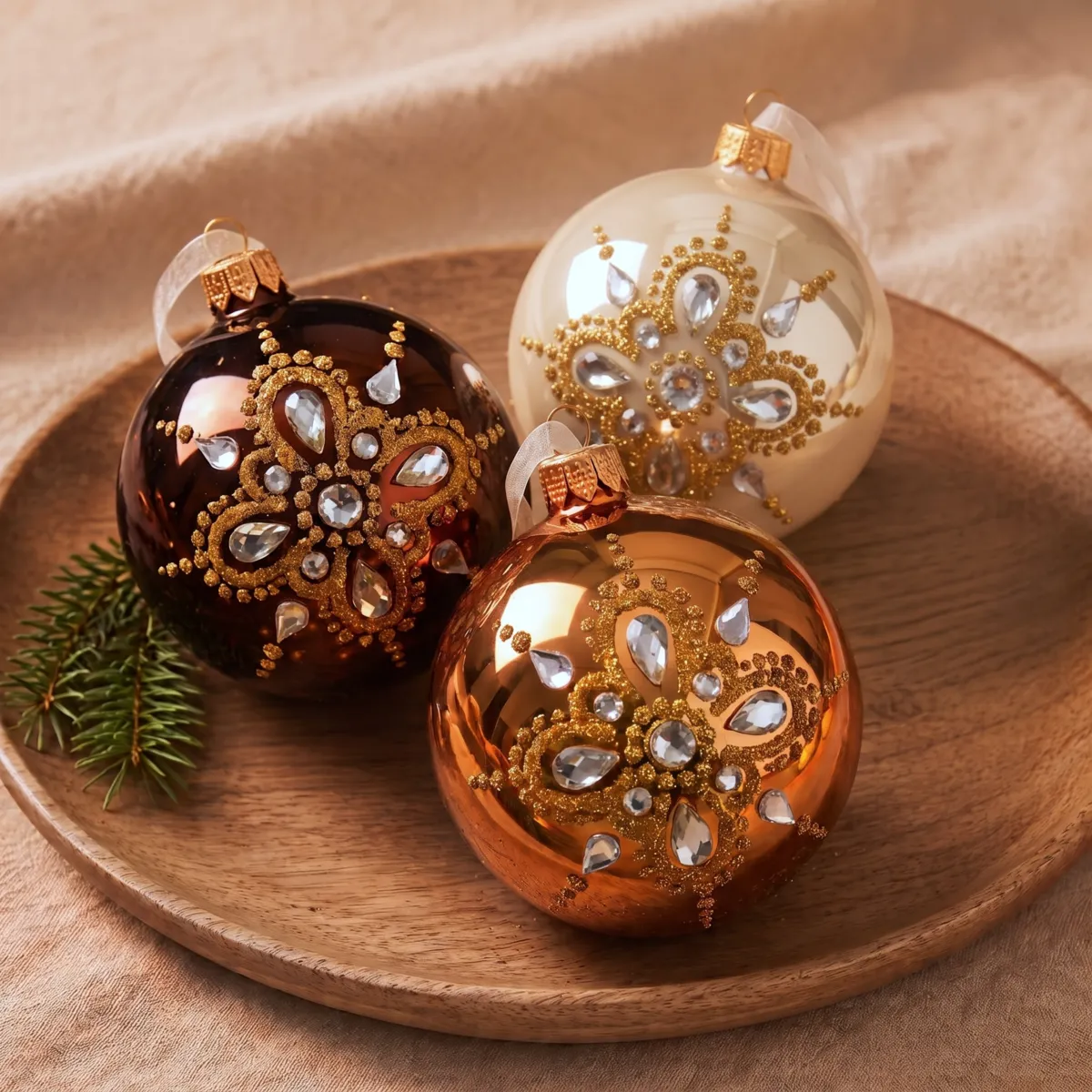 Set di 6 palline di Natale in vetro (D80 mm) Diamante di prestigio Perla, Cognac e Marrone caffè