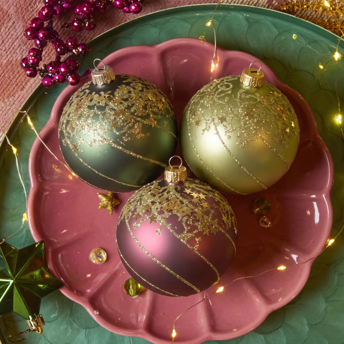 Set di 6 palline in vetro (D80 mm) Celeste Verde e rosa scuro