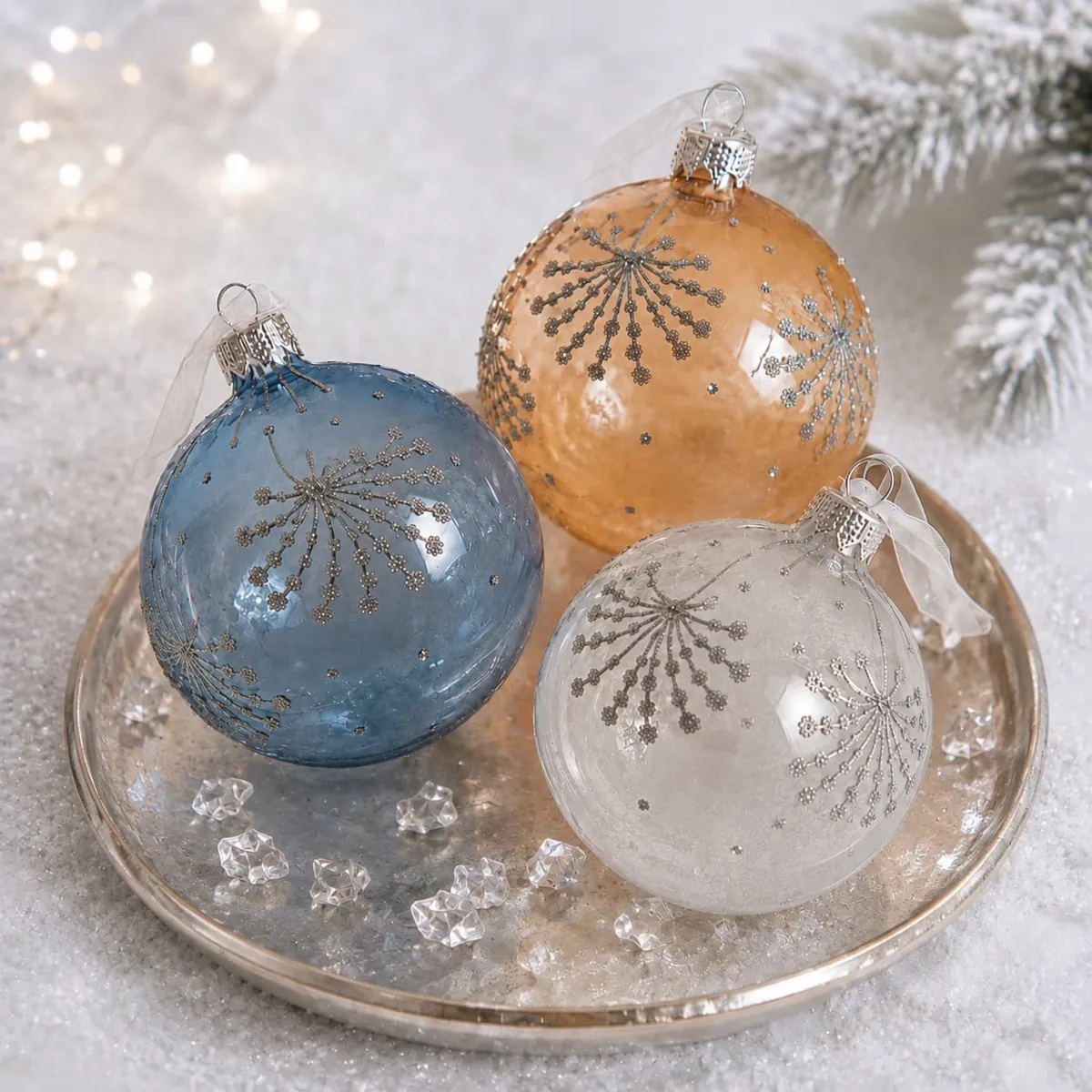 Lotto di 6 palline di Natale di vetro (D80 mm) Adelice Bianco/ Camel/ Blu notte 1