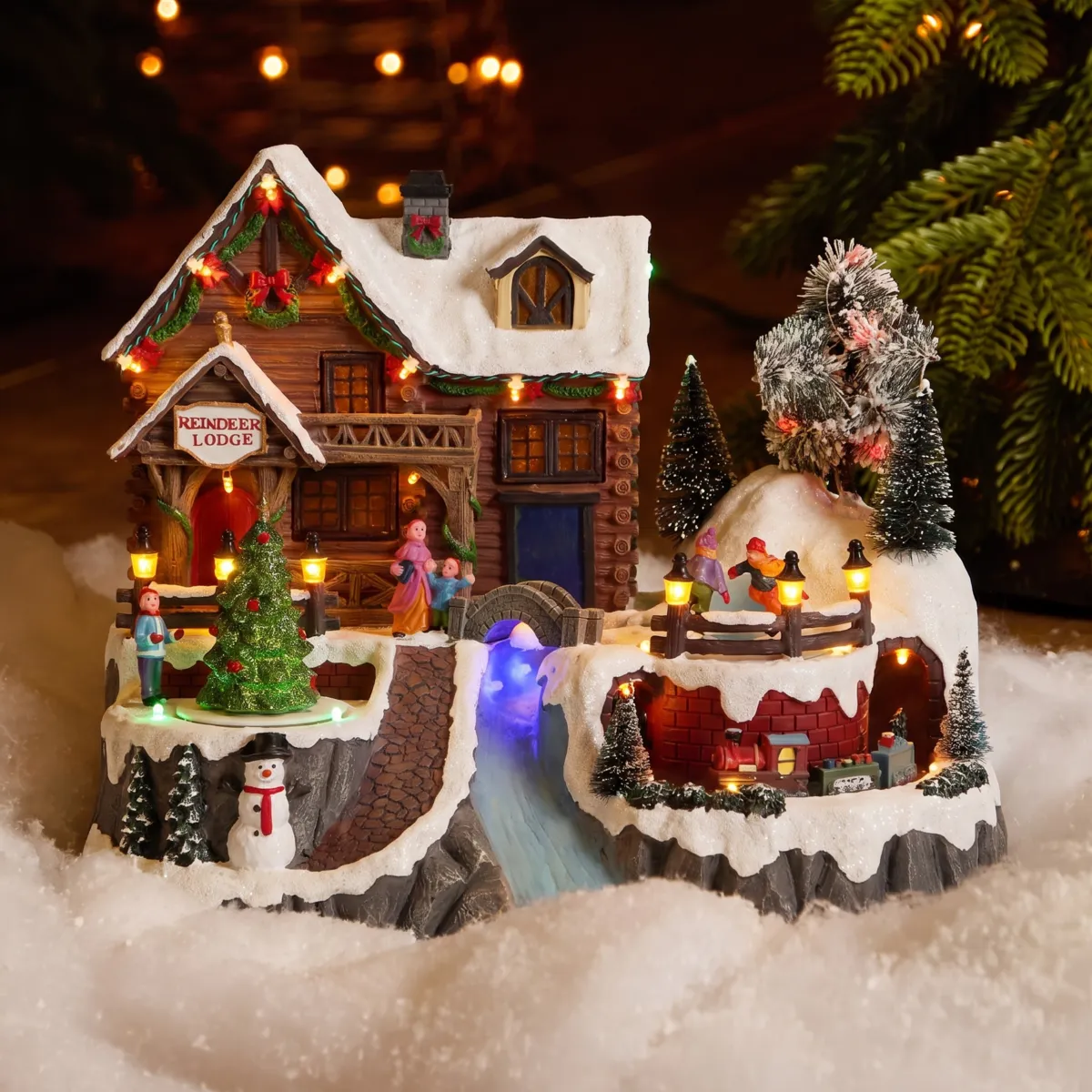 Villaggio di Natale luminoso e animato (H28 cm) - Lodge e fiume