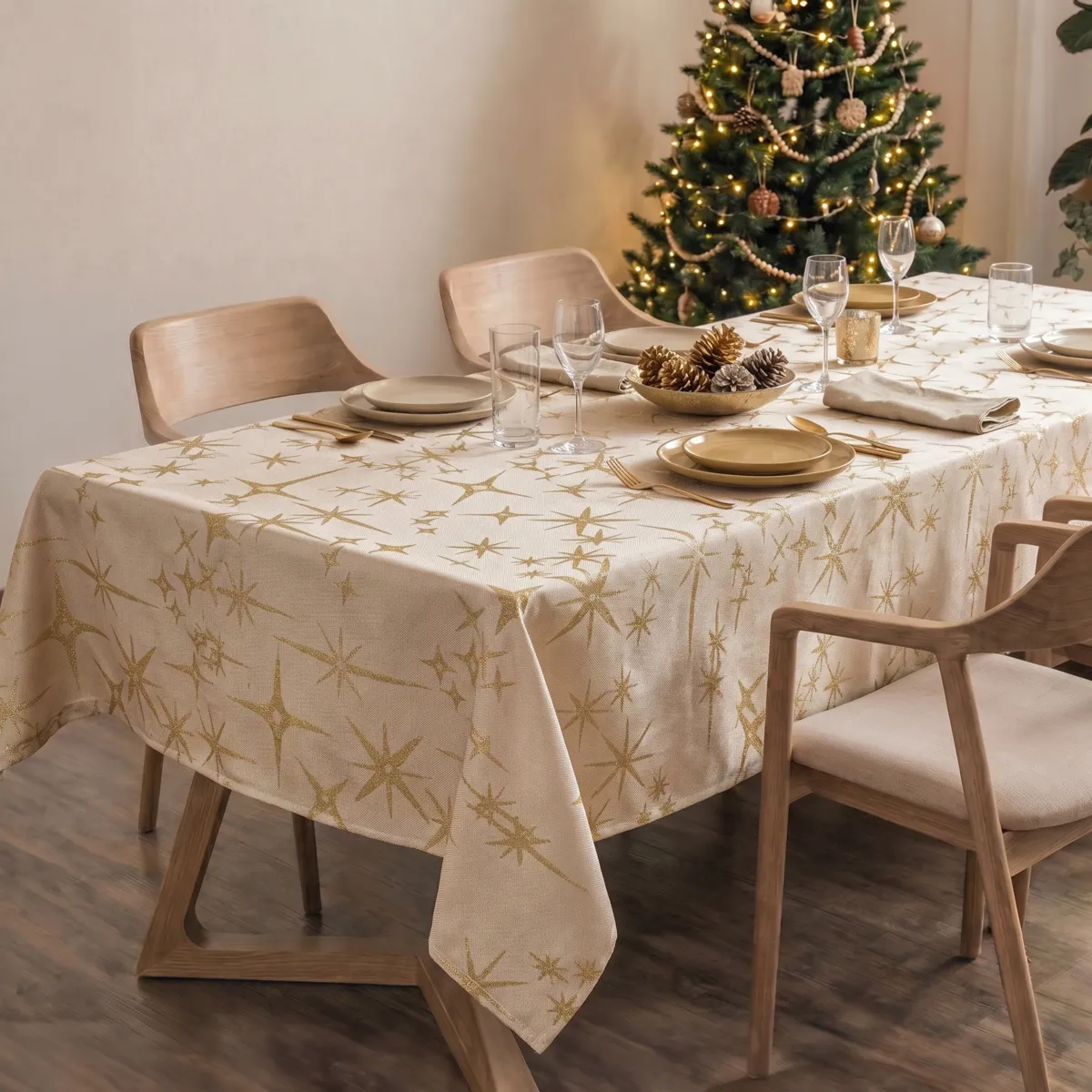 Tovaglia natalizia rettangolare (140 x 240 cm) Stelle Celesti Beige e dorato