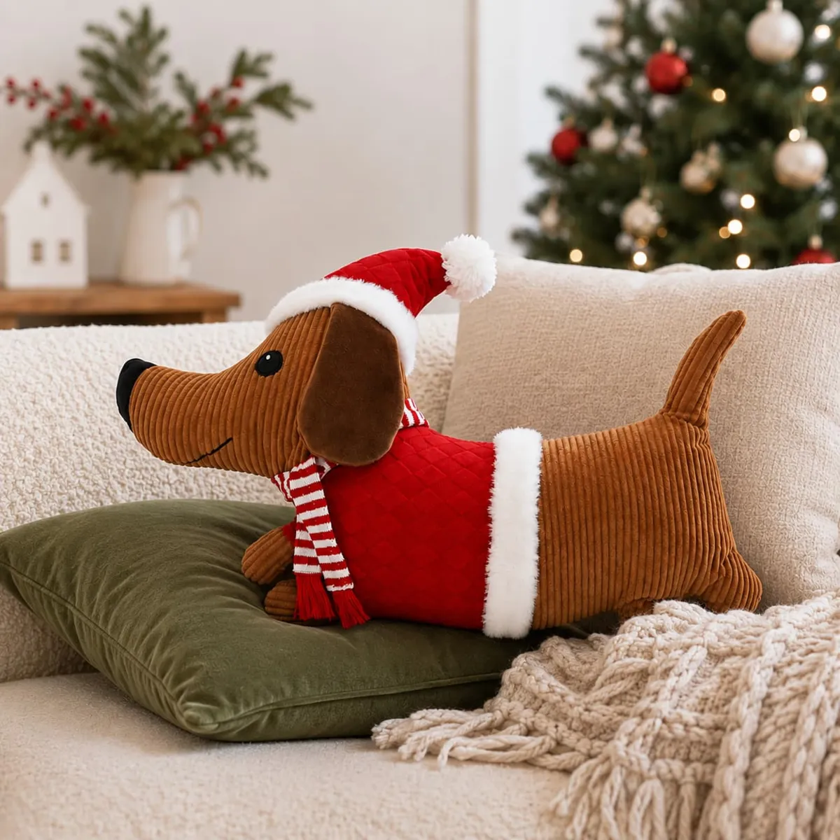 Cuscino di Natale (H33 cm) Cane bassotto Lucien Rosso e marrone