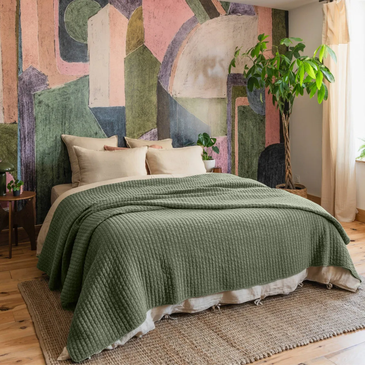 Copriletto trapuntato in cotone (260 x 240 cm) Mira Verde rosmarino