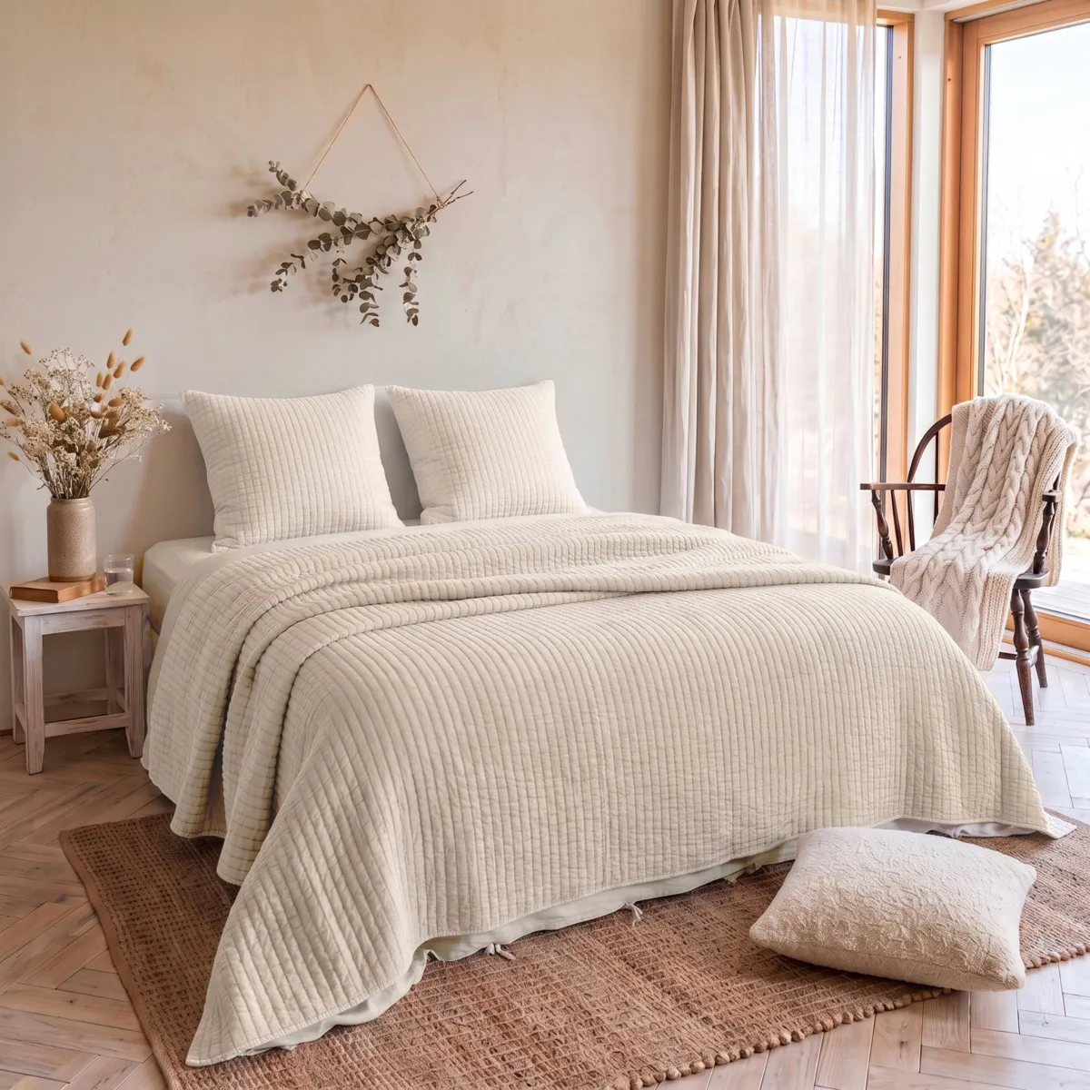 Copriletto trapuntato in cotone (260 x 240 cm) Mira Beige