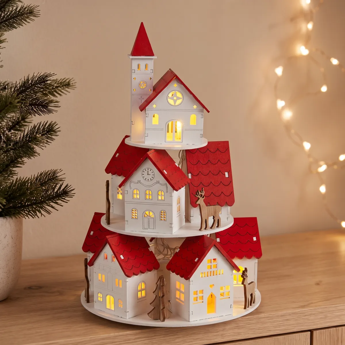 Villaggio di Natale in legno luminoso a pile (H30 cm) Case con tetti rossi