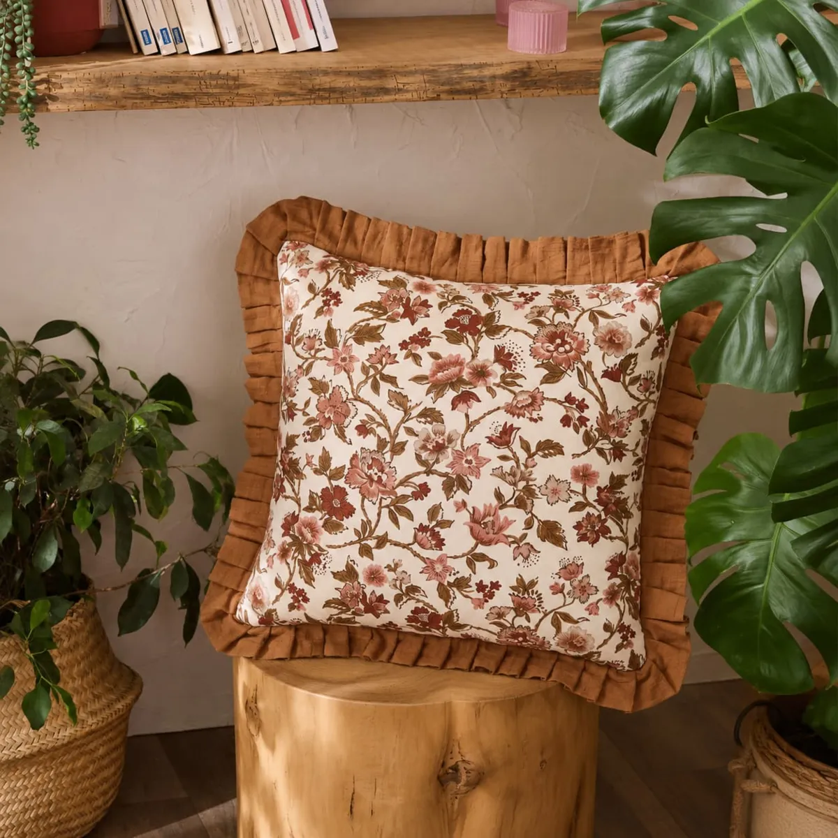 Cuscino quadrato garza di cotone (45 x 45 cm) Gaïa dahlia Camel