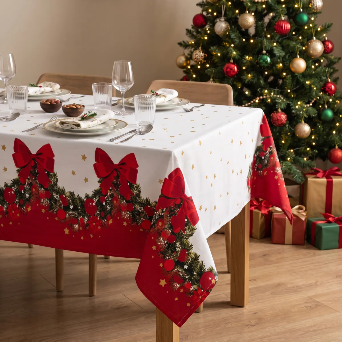 Tovaglia di Natale rettangolare in cotone (140 x 240 cm) Ghirlanda Festiva