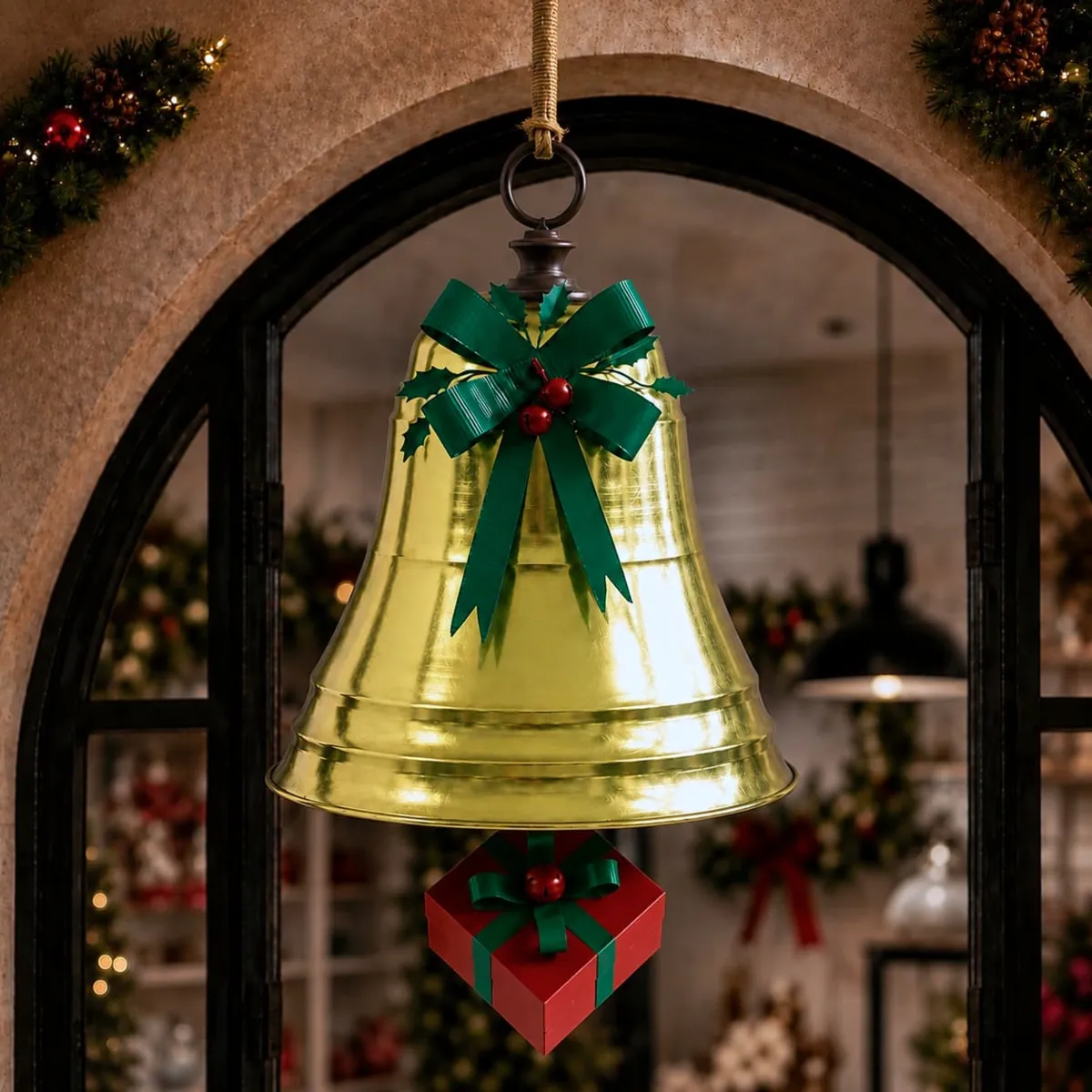 Campana di Natale in metallo (H64 cm) Prestige Oro e Fiocco verde
