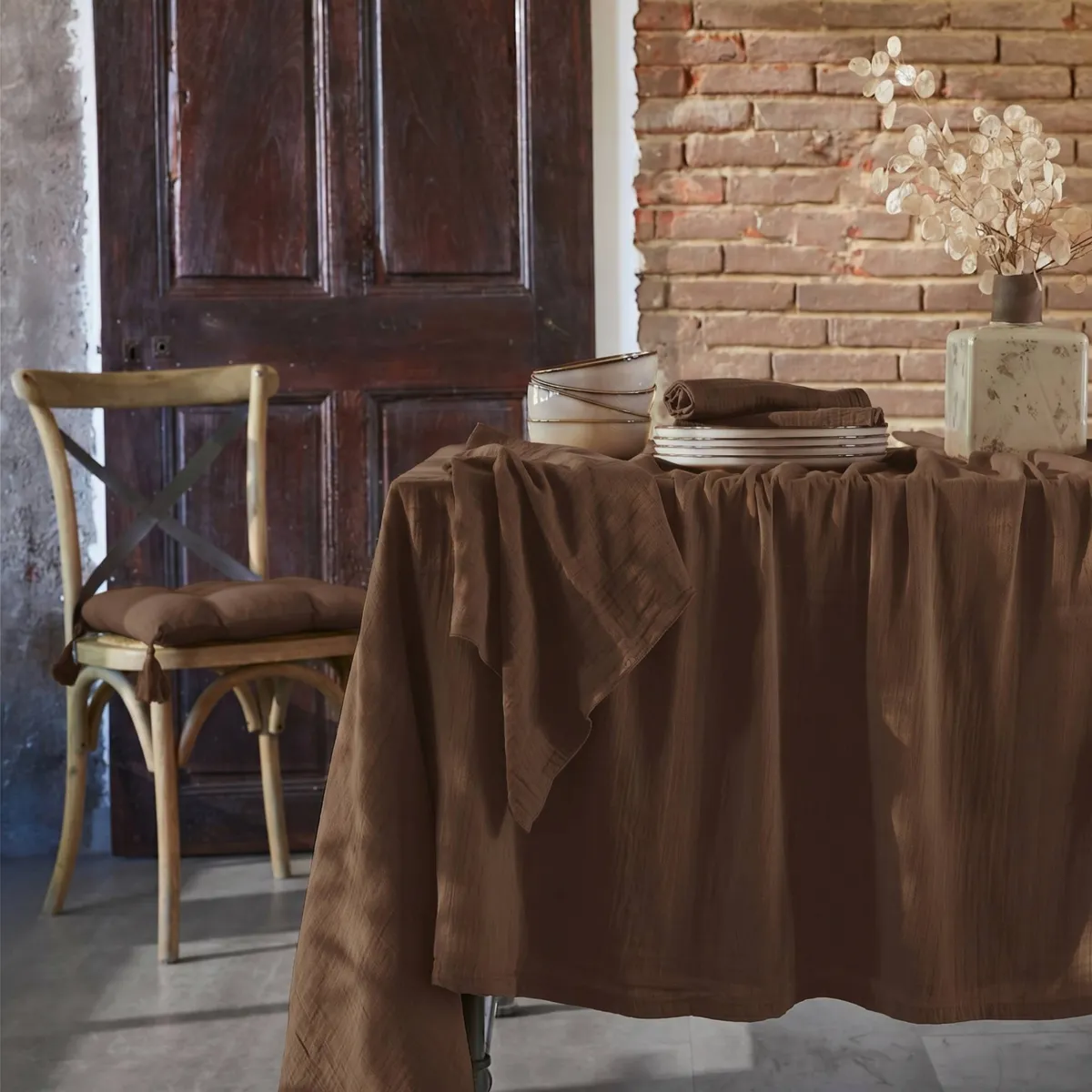 Nappe rectangulaire gaze de coton (150 x 350 cm) Gaïa Brun