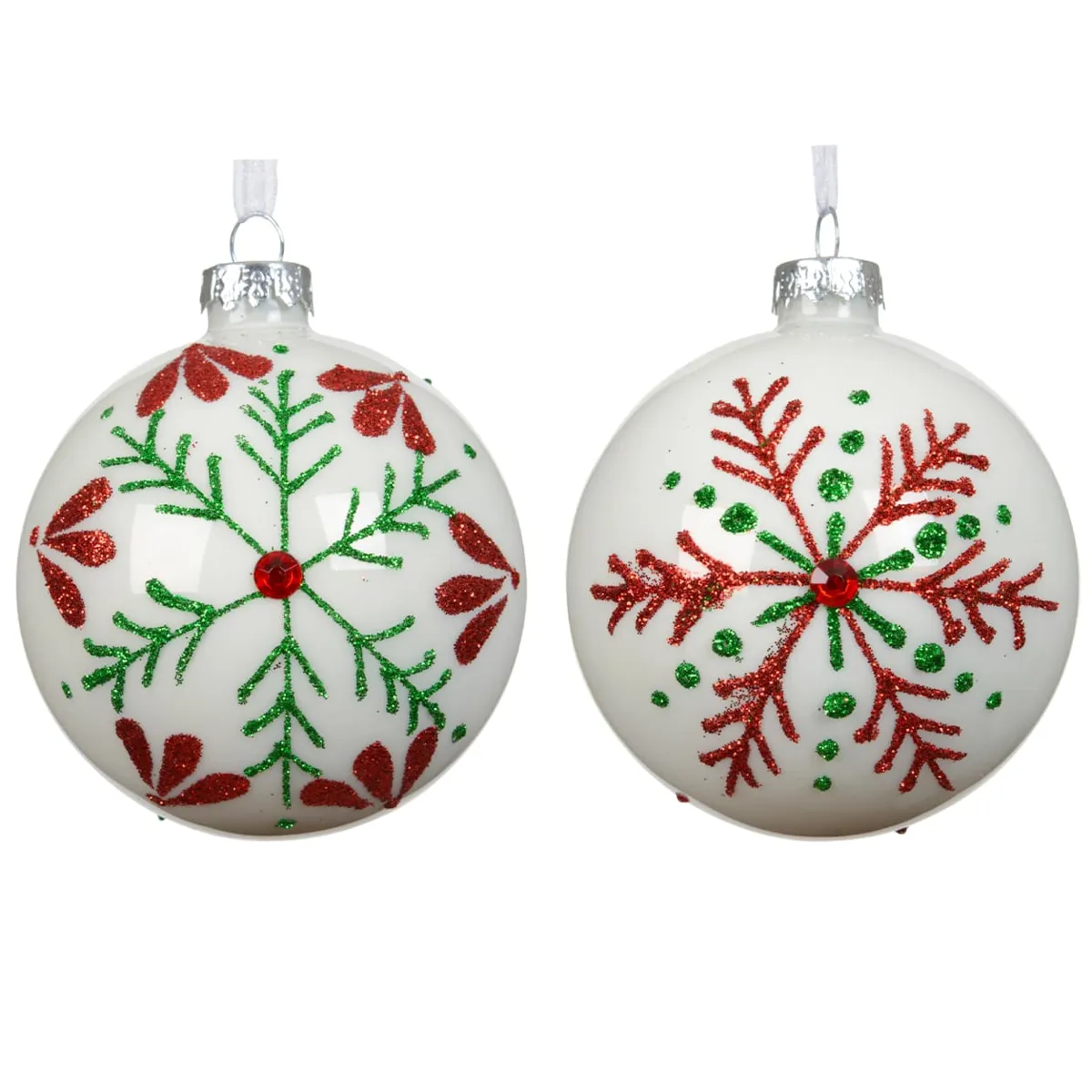 Set di 3 palline di natale in vetro (D80 mm) Prezioso fiocco bianco, rosso e verde