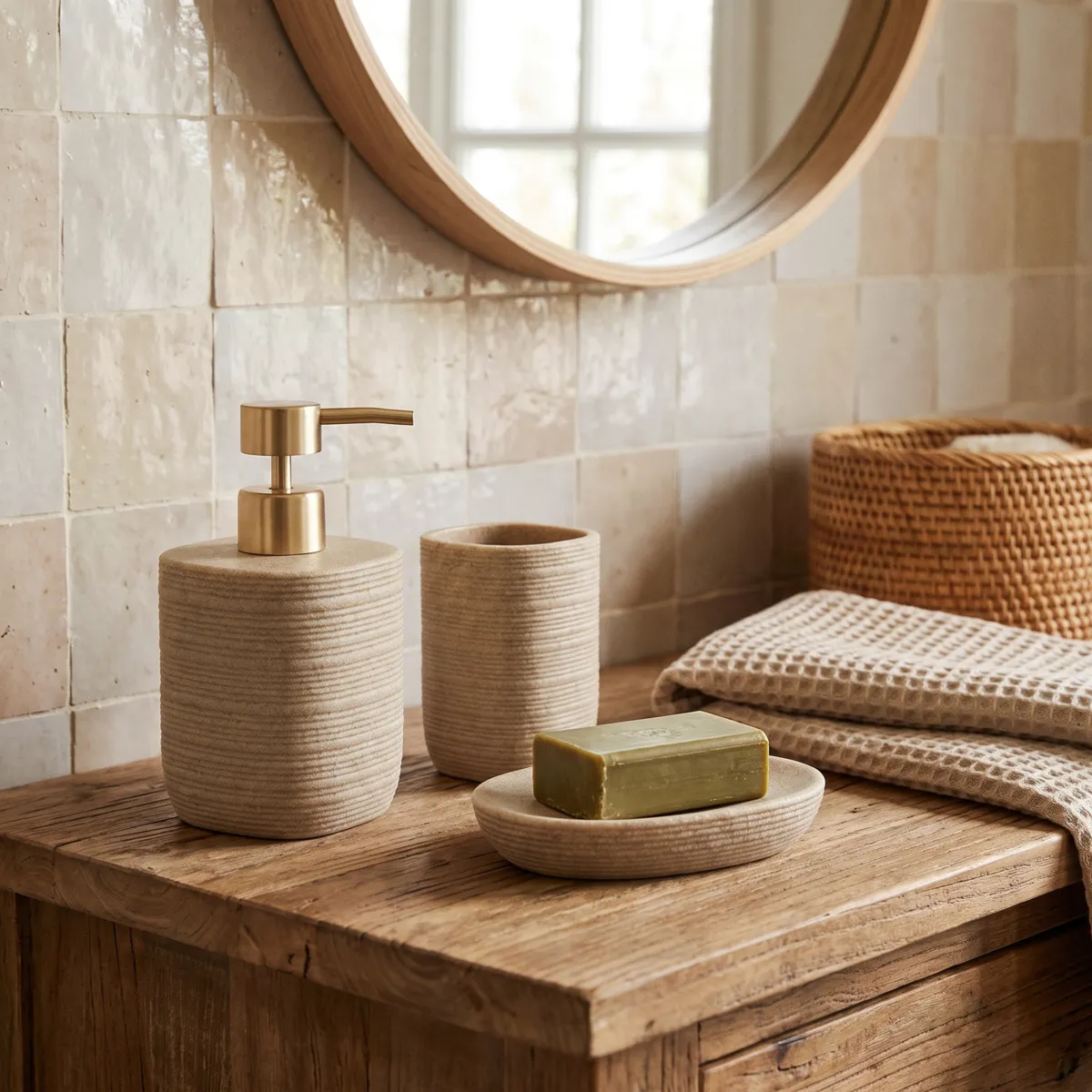 Set bicchiere distributore e porta sapone in poliresina rigata Lina Beige